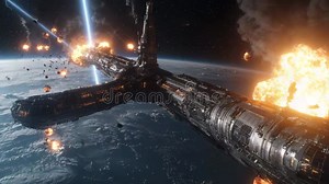 Futuristic Spaceship Battle with Explosions, Fire, and Debris Outer Space Near Planet Surface, Intense Cosmic Fight with Laser Stock Footage - Video of battle, science: 392585258