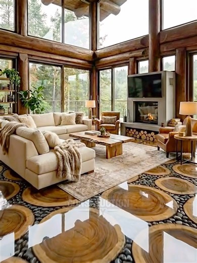 Log Cabin Interior Design with Wood Slice Resin Flooring
