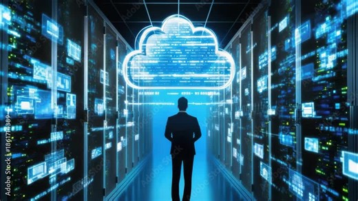 Futuristic cloud data center network and cyber security server rack technology scene with