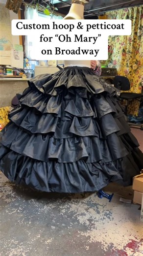 Custom wide hoops and petticoats for Broadway’s “Oh Mary”. Round hoops made with lighter hooping, to accommodate extra active actors, paired with our fluffy 5 Ruffle Petticoat. An all black set for star Cole Escola and all white for lovely Bianca Leigh. #ohmary #coleescola #marytoddlincoln #broadwaycostume #theatercostume