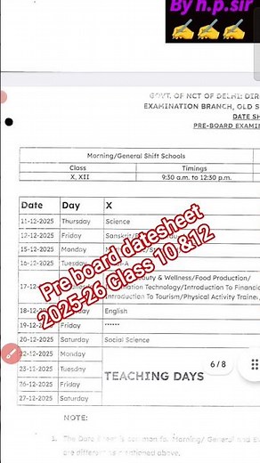 pre board datesheet 2025-26 Class 10 &12 / pre board exam datesheet 2025-26 pdf /doe/cbse