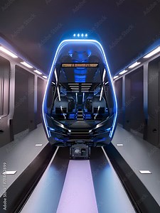 Futuristic monorail design with blue LED lights, sleek and streamlined exterior Highspeed transportation concept with hightech features like smart seats, energy efficient technology,