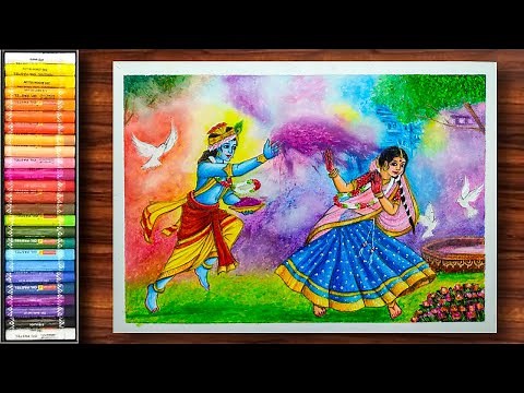 Holi Drawing | Radha Krishna Holi Drawing | Radha Krishna Drawing | Vasant Utsav Drawing |Oil pastel