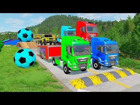 Flatbed Trailer McQueen Transportation with Truck - Speedbumps vs Cars vs Train - BeamNG.Drive #192
