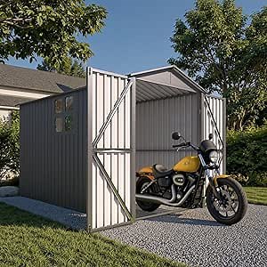 6’ x 10’ Motorcycle Storage Sheds, Metal Shelter & Garage with Windows and Lockable Door Handle, Heavy Duty Vehicle Shed for All Weather, Track System Included, Anthracite