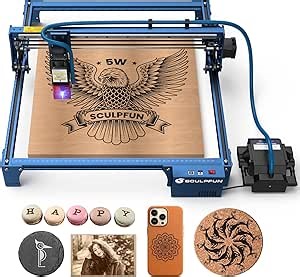 SCULPFUN S30 Laser Engraver with Auto Air Assist Pump & Nozzle, Limit Switchs, 5000mW CNC Laser Cutter, Industrial Grade Accuracy Engraving Machine, 10 Times Longer Laser Service Life