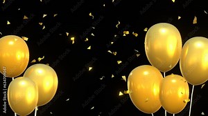 3d animation of golden balloons and confetti falling. Video with transparent alpha channel background