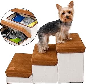 BRKURLEG Pet Dog Steps/Dog Stairs for High Bed,Foldable 3 Steps Ramp Ladder for Couch Sofa,Soft Storable 12 inches High Steps with Storage for Puppy Small Dogs,Easy Assembly