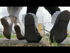 Under-bench perspective: Chelle's & Angelica's ballet flats, subtle footplay