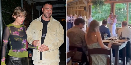 Taylor Swift Sneakily Attended a Wedding With Travis Kelce in a Strapless Blue Dress