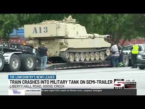VIDEO: FIRST ALERT: Semi-truck hauling tank hit by train in Goose Creek, roads closed