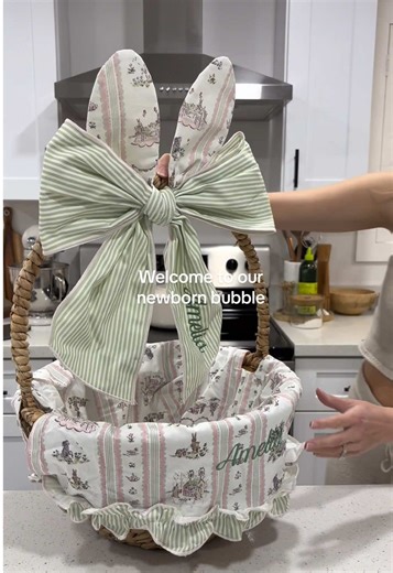 Welcome to our newborn bubble In December I made the mistake of not ordering my daughter’s first socking in time for Christmas and everything I wanted sold out. so I’m not falling behind for Easter. And this one is just took cute to not share. I found the absolute best Easter basket, liner and bow that will grow with baby girl for years to come. It has her name on embroidered on the ears and liner. And is such great quality that it will absolutely stand the test of time. The best part is you cou