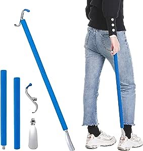 30.3" Metal Shoe Horn Long Handle for Seniors, Long Dressing Stick for Elderly with Sock Removal Tool, Adjustable Extended Dressing Stick Aid Helper for Shoes, Socks, Shirts and Pants