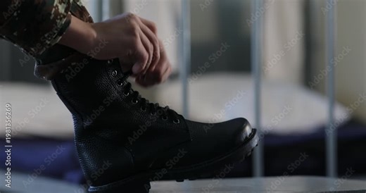 An unrecognizable soldier wearing camouflage pants is carefully tying the shoelaces of heavy black combat boots while resting one foot on a small stool in a barracks room.