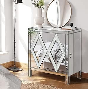 Mirrored Storage Cabinet Silver End Table with 2 Door, Texture Design Mirror Bedside Table Accent Table for Living Room, Sofa Side Table Mirrored Organizer Cabinet Entrance Cabinet (Siver-diamond)