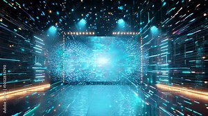 Dynamic digital backdrop with blue light effects in a modern stage setting during a virtual event at night