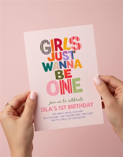 Girls Just Wanna Be One Birthday Invitation, 1st Birthday Girl Invite Editable Party Invitation Colorful First Birthday Instant Download 301 - Etsy