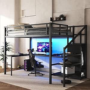 Full Size Loft Bed with Desk and Wardrobe, Metal Heavy Duty Loft Bed Frames with Storage Stairs, LED Lights, Charging Station for Adults, Junior, Teens, Space Saving, Black (Full)