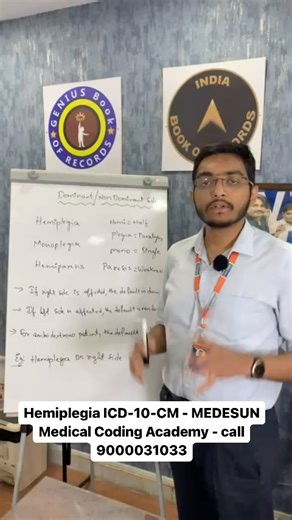 Dr santosh guptha on Instagram: "Hemiplegia ICD 10 Coding Made Easy by Medesun Hemiplegia is a common neurological condition seen after stroke, trauma or other brain injuries. Correct ICD 10 coding is very important for accurate documentation and reimbursement. At Medesun, we train coders to identify the correct laterality and underlying cause before assigning the code. ICD 10 Codes to Remember G81.90 Hemiplegia unspecified side G81.91 Hemiplegia affecting right dominant side G81.92 Hemiplegia a