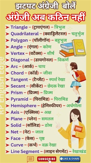 Geometry Vocabulary in English & Hindi | 20 Important Maths Terms | Learn Fast 📚