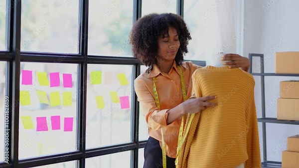 Fashion designer creates a new sweater in a bright, airy studio filled with natural light and creative inspiration