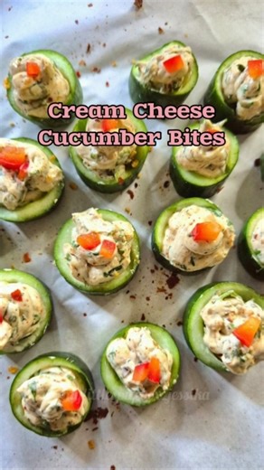 Jessika Sanket Desai on Instagram: "Cucumber Cream Cheese Bites Recipe Have a leftover cream cheese tub post your new year party than try making this refreshing and easy appetizer that comes around in 30mins and Enjoy! 2 medium cucumber 100gm cream cheese, softened 1 tbsp fresh herbs, finely chopped( I have used coriander & mint leaves 1/2 tsp garlic powder/chunks 1/4 tsp red chilli flakes Salt and pepper to taste Optional toppings: red pepper, cherry tomato halves,olive slices (of your choice) 
