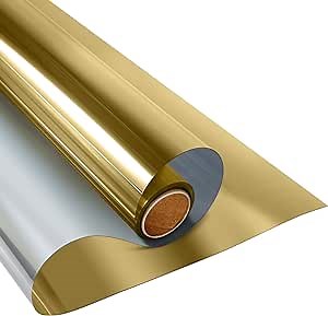 KESPEN Window Film One Way Daytime Privacy Static Cling Sun Blocking Anti UV Reflective Window Tint for Home and Office, Gold-Silver, 23.6 Inch X 6.5 Feet