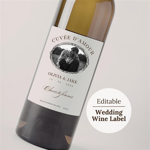 Editable wedding wine bottle template, editable canva design wedding wine label, free editable wedding wine label, photo wine bottle label
