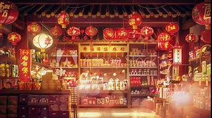 store with decorative ornaments and joss paper for celebrating Chinese Lunar New Year, no people, anime style