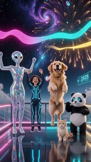 NEW YEAR 2525! 🎆 Alien & Pets Space Party (AI Animation)