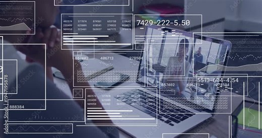 Woman watching laptop and joining office conference call, data overlays expanding for team review