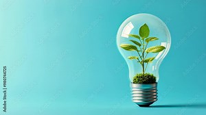 A light bulb with a growing plant , eco-friendly innovation and sustainability