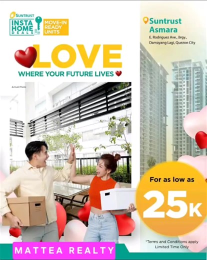 SUNTRUST ASMARA Love a home that works for your life—and your plans. 📍 Located in E. Rodriguez Sr. Ave.,Quezon City (near St. Luke Medical Center) ✅ Available units: STUDIO, 1BR, 2BR, & 3BR Love grows best in spaces built for the future. Suntrust Asmara offers a prime location near top hospitals, schools, and commercial centers—paired with amenities that cater to both relaxation and recreation. Suited for both end-use living and rental opportunities. Whether you live in it or earn from it, this