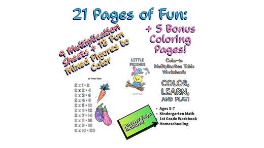 Color-in Multiplication Tables: Fun 1-9 Math Worksheets with 100-Problem Challenge & Bonus Pages
