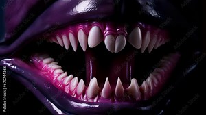 Zooming in on the aliens mouth, which is filled with rows of sharp, pointed teeth. Its lips are a deep, dark purple, almost black, and a thick, slimy film coats its long, forked tongue.