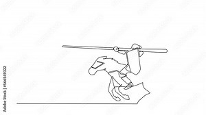 Animated self drawing of continuous line draw medieval knight tournament cartoon composition with horseman in suits of armor in jousting contest. Medieval heraldry. Full length single line animation