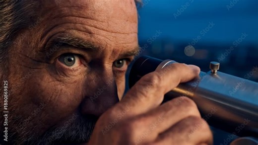 A man stands on a rooftop at night, using a telescope to explore the skyline. He focuses intently on the view, seeking out details in the city lights and distant buildings