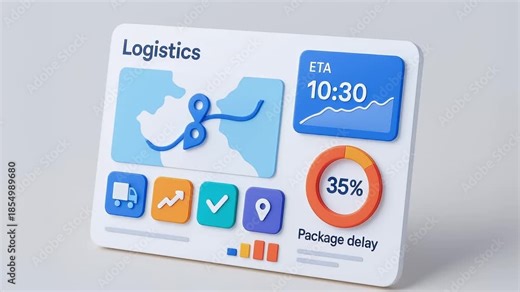 Logistics dashboard featuring map route, estimated time of arrival, package delay percentage, and delivery icons showing transportation and tracking status in clean minimal interface design