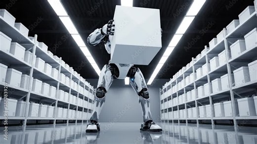 A humanoid robot performs a task in an automated warehouse, bending down to lift and hold a large, white cube amidst towering aisles of identical inventory shelves, highlighting logistics automation.
