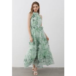 Floral Halter Neck Tie Waist Maxi Dress in Mint