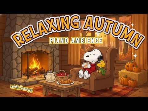 Snoopy in The Quiet Cabin Piano Ambience Autumn 🔥 | Relaxing Fireplace & Falling Leaves Sound
