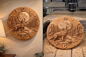 CNC Wolf Howling Moon Clock STL, Wall Clock File, Wood Carving Relief, Rustic Forest Wolf Clock, CNC Router File