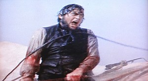 "From hell's heart I stab at thee; for hate's sake, I spit my last breath at thee." Words from Melville's book spoken by Ahab in "Moby Dick" (1956)