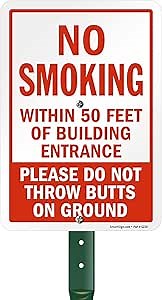SmartSign 10" x 7" 'No Smoking Within 50 Feet Of Building Entrance - Do Not Throw Butts On Ground' Yard Sign and 18 inch Stake Kit, 40 mil Laminated Aluminum, Red and White, USA-Made