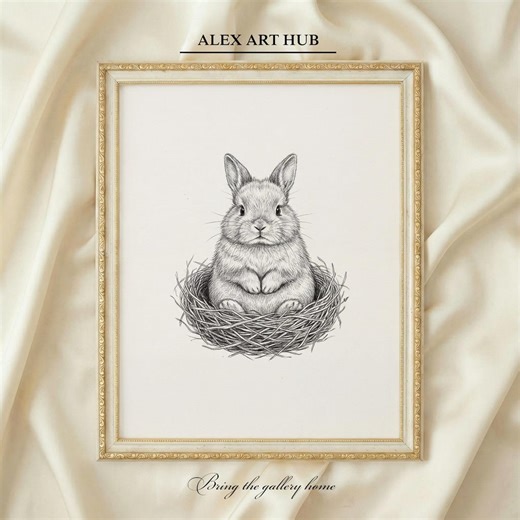 Domestic Rabbit Nest Pen-and-ink - Line Drawing, Vintage Art Print, Nursery Decor, Woodland Animals - Etsy