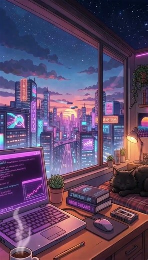 🌌 Cyberpunk Ghibli Room • Cozy Lo-Fi Synthwave Mix for Coding & Studying [4K]