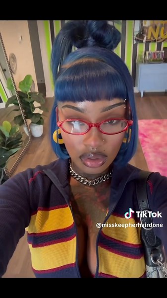 Midnight Blue Wig with Blunt Bangs and Top Knot Style