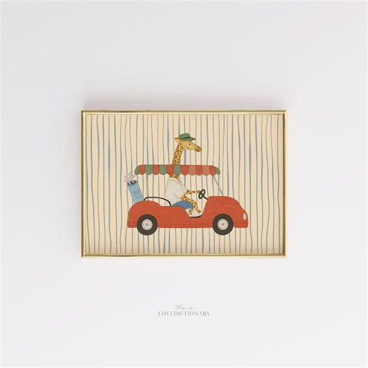 Giraffe Driving Car Nursery Print, Retro Animal Wall Art, Playful Kids Room Poster, Vintage Baby Decor, Whimsical Safari Illustration - Etsy
