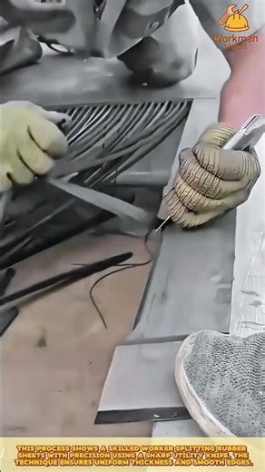 Rubber Splitting Process: Skilled worker cutting rubber strips precisely #workprocess