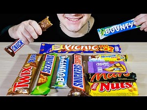 ASMR CHOCOLATE CANDY BAR EATING (SNICKERS, MARS, NUTS, MILKA, BOUNTY, TWIX, PICNIC, NESQUIK) 먹방